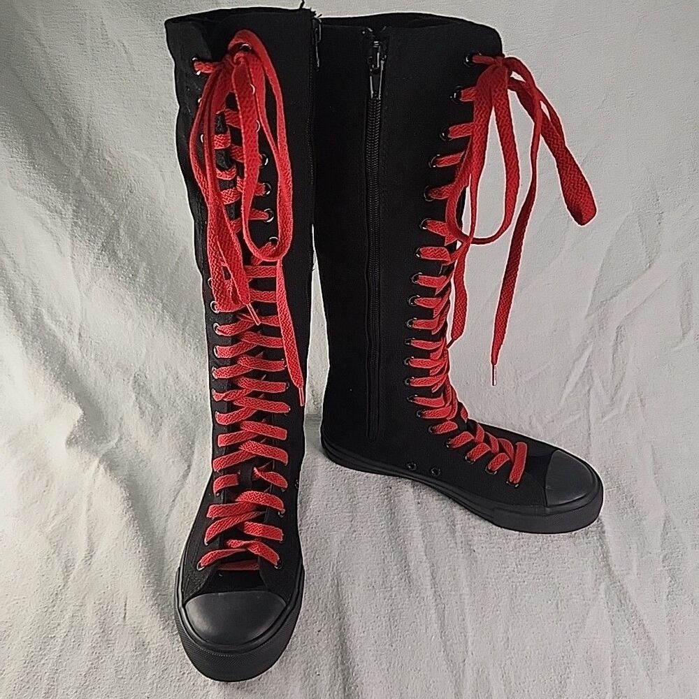 Shoes Anufer Yuanbu Black Canvas 14" High Zip Laced Up Sneakers US 6.5-7  37/235